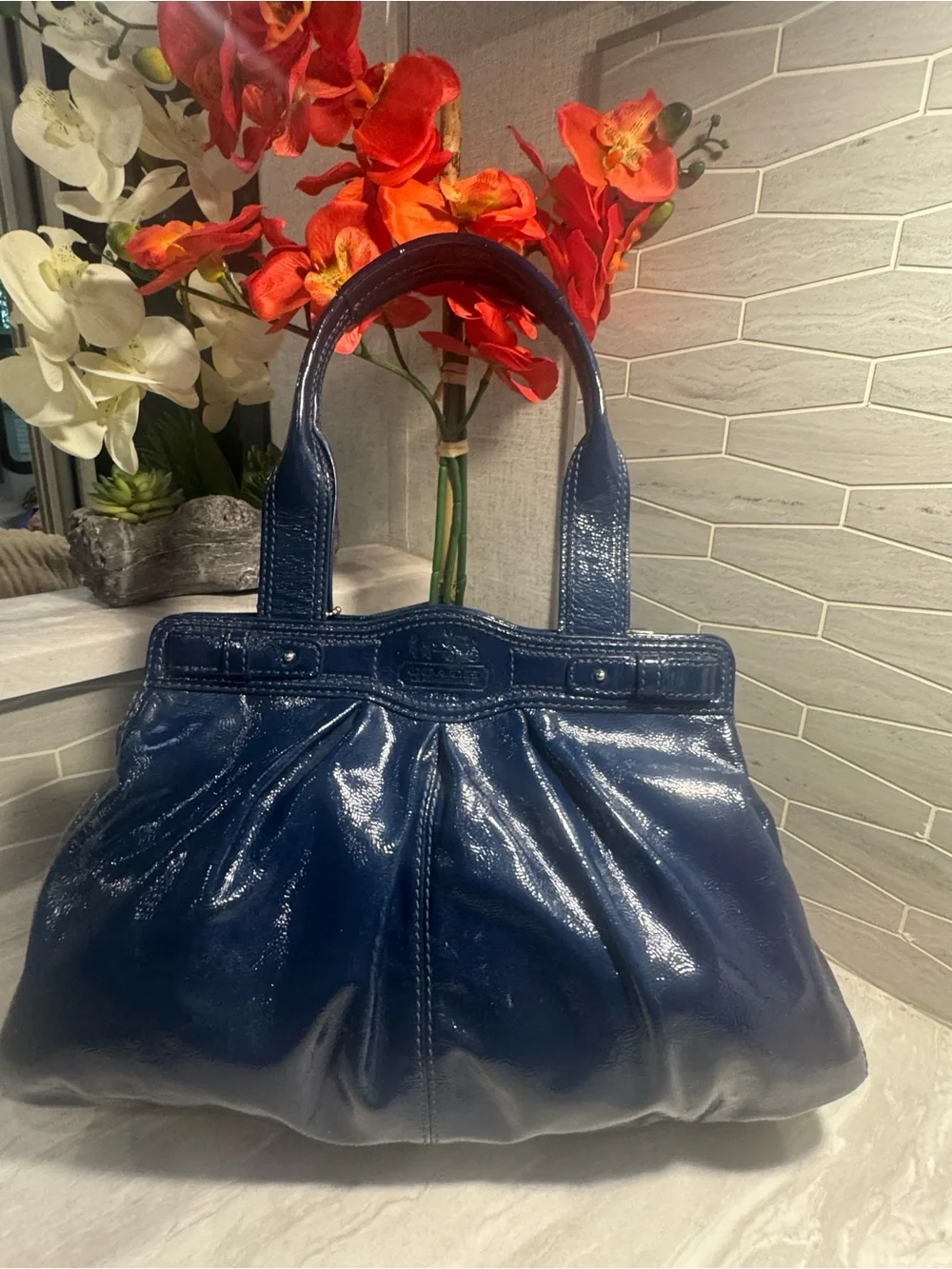 EUC Coach Navy Blue Patent Leather Pleated Shoulder Tote